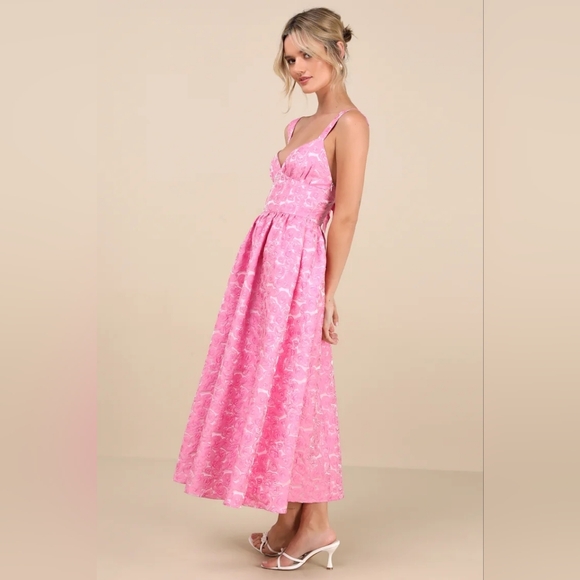 Lulus Rudra Pink Floral Jacquard A-Line Backless Midi Dress S Wedding Party Prom - Picture 4 of 12